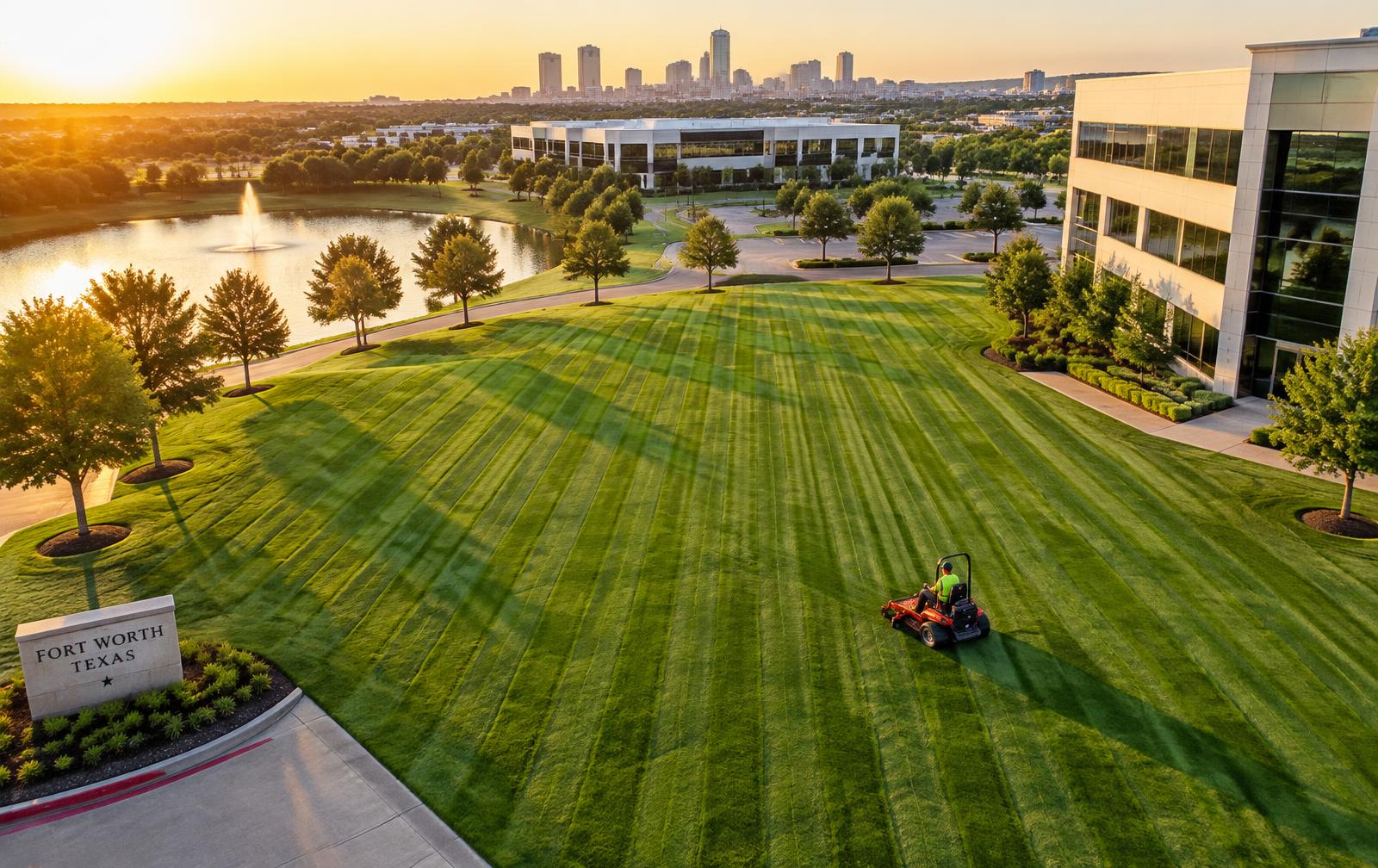 Freshly mowed commercial lawn in Fort Worth